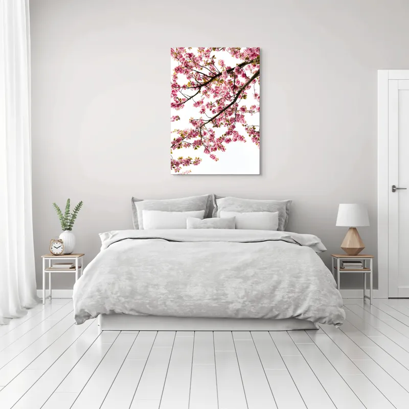 Tablou Canvas, "Primăvară înflorită sub cer senin", Flori, Roz, Cireș, Primăvară, Natură, Petale, Ramuri, Verde, Delicatețe, Luminozitate, 70 x 100 cm – poza 3
