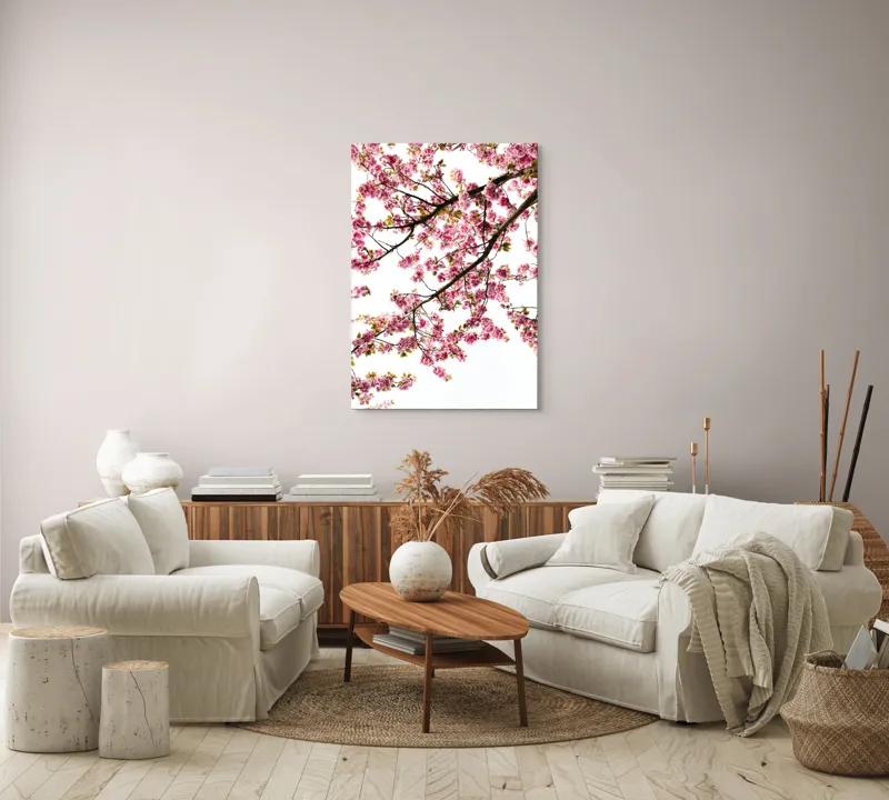 Tablou Canvas, "Primăvară înflorită sub cer senin", Flori, Roz, Cireș, Primăvară, Natură, Petale, Ramuri, Verde, Delicatețe, Luminozitate, 70 x 100 cm – poza 4