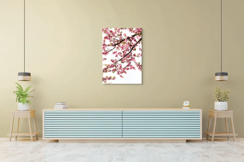 Tablou Canvas, "Primăvară înflorită sub cer senin", Flori, Roz, Cireș, Primăvară, Natură, Petale, Ramuri, Verde, Delicatețe, Luminozitate, 70 x 100 cm – poza 5