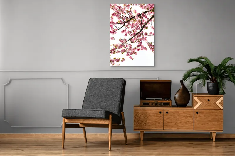 Tablou Canvas, "Primăvară înflorită sub cer senin", Flori, Roz, Cireș, Primăvară, Natură, Petale, Ramuri, Verde, Delicatețe, Luminozitate, 70 x 100 cm – poza 6