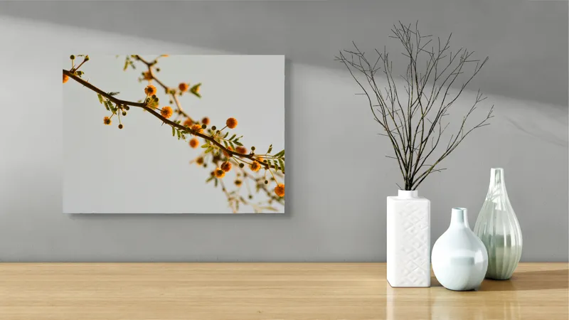 Tablou Canvas, "Crengile delicate ale primăverii târzii", Flori, Ramură, Galben, Frunze, Cer, Primăvară, Natură, Delicat, Lumină, Contrast, 54 x 39 cm – poza 3