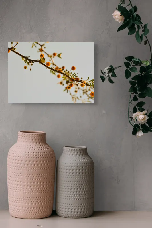 Tablou Canvas, "Crengile delicate ale primăverii târzii", Flori, Ramură, Galben, Frunze, Cer, Primăvară, Natură, Delicat, Lumină, Contrast, 54 x 39 cm – poza 8