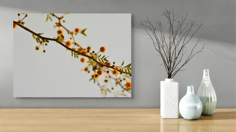 Tablou Canvas, "Crengile delicate ale primăverii târzii", Flori, Ramură, Galben, Frunze, Cer, Primăvară, Natură, Delicat, Lumină, Contrast, 70 x 50 cm – poza 3