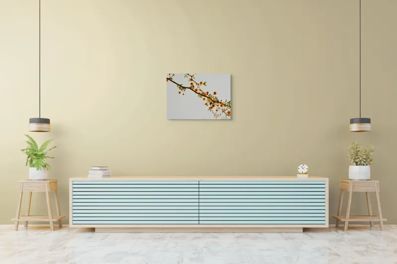 Tablou Canvas, "Crengile delicate ale primăverii târzii", Flori, Ramură, Galben, Frunze, Cer, Primăvară, Natură, Delicat, Lumină, Contrast, 70 x 50 cm – poza 7