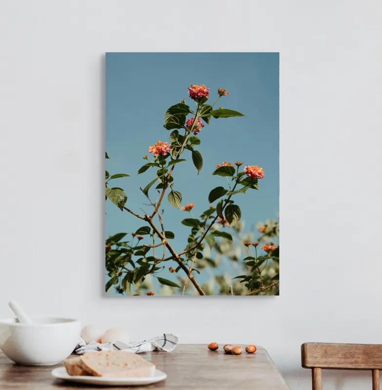 Tablou Canvas, "Flori delicate sub cer senin", Flori, Frunze, Ramuri, Cer, Albastru, Verde, Soare, Natură, Vibrație, Delicatețe, 50 x 70 cm – poza 3