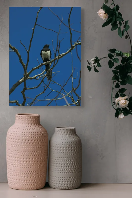 Tablou Canvas, "Coțofana între crengi uscate", Pasăre, Creangă, Cer, Albastru, Ramuri, Natură, Zbor, Aripi, Solitudine, Observație, 39 x 54 cm – poza 6