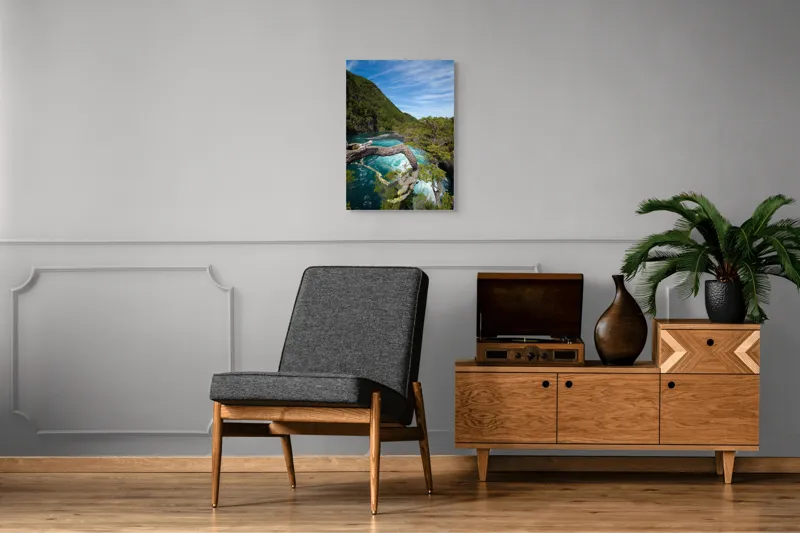 Tablou Canvas, "Între munte și râu albastru", Cer, Ape, Munți, Copaci, Frunziș, Curent, Natură, Peisaj, Energie, Splendoare, 50 x 70 cm – poza 8