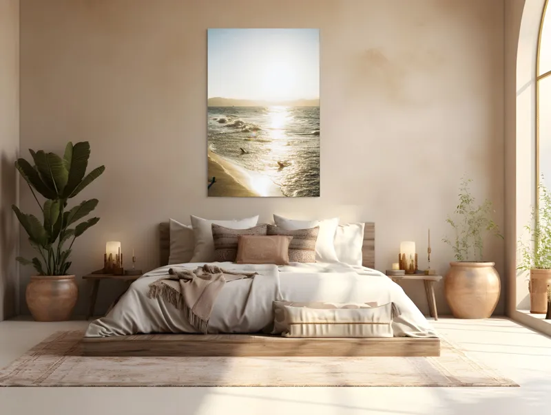 Tablou Canvas, "Soarele strălucește pe valurile mării", Apus, Valuri, Nisip, Soare, Reflecție, Horizon, Relaxare, Natură, 100 x 150 cm – poza 3