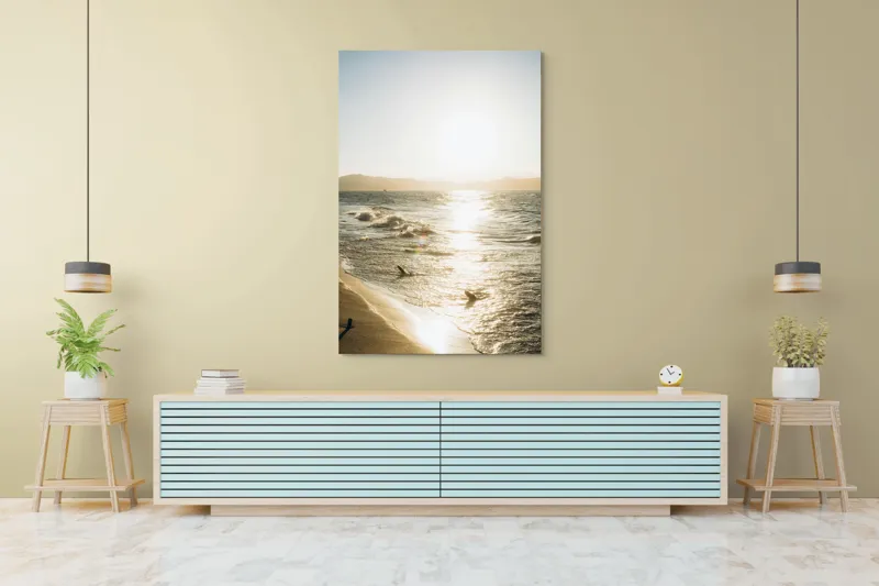 Tablou Canvas, "Soarele strălucește pe valurile mării", Apus, Valuri, Nisip, Soare, Reflecție, Horizon, Relaxare, Natură, 100 x 150 cm – poza 4