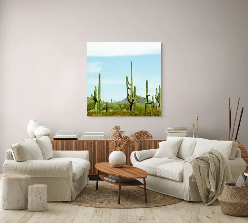 Tablou Canvas, "Cactușii în lumina soarelui deșertic", Cactuși, Deșert, Cer, Vegetație, Munți, 100 x 100 cm – poza 3