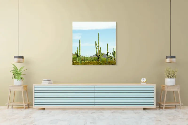 Tablou Canvas, "Cactușii în lumina soarelui deșertic", Cactuși, Deșert, Cer, Vegetație, Munți, 100 x 100 cm – poza 5