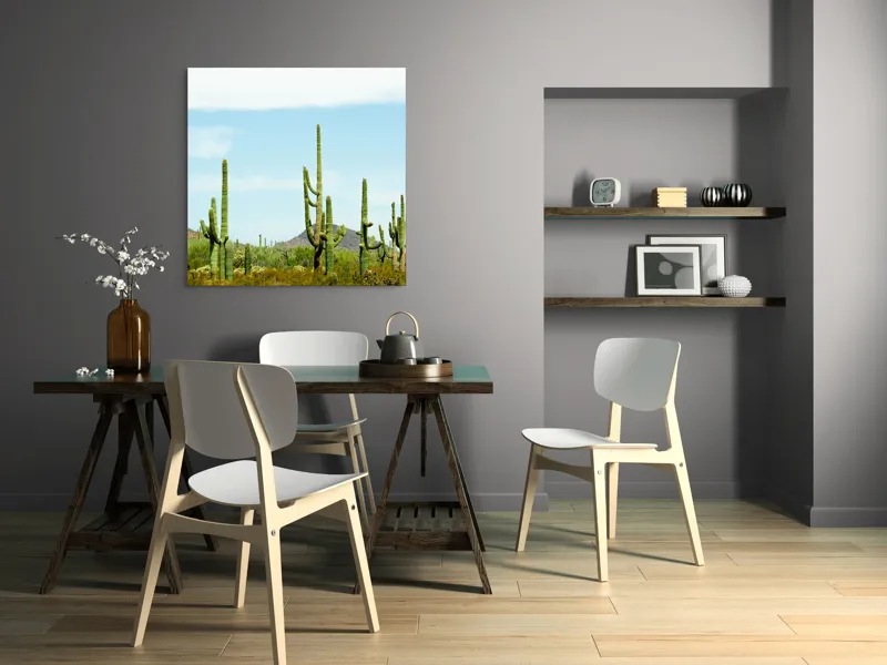 Tablou Canvas, "Cactușii în lumina soarelui deșertic", Cactuși, Deșert, Cer, Vegetație, Munți, 100 x 100 cm – poza 6