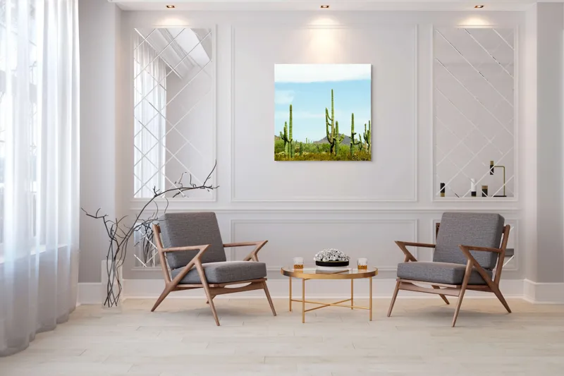 Tablou Canvas, "Cactușii în lumina soarelui deșertic", Cactuși, Deșert, Cer, Vegetație, Munți, 100 x 100 cm – poza 7