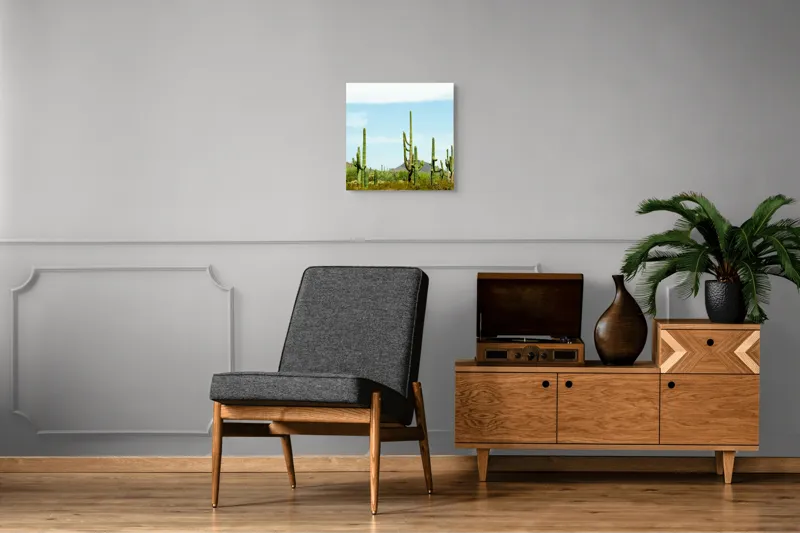 Tablou Canvas, "Cactușii în lumina soarelui deșertic", Cactuși, Deșert, Cer, Vegetație, Munți, 50 x 50 cm – poza 6