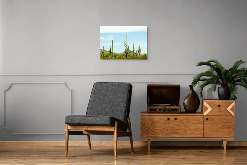Tablou Canvas, "Cactușii în lumina soarelui deșertic", Cactuși, Deșert, Cer, Vegetație, Munți, 70 x 50 cm – poza 4