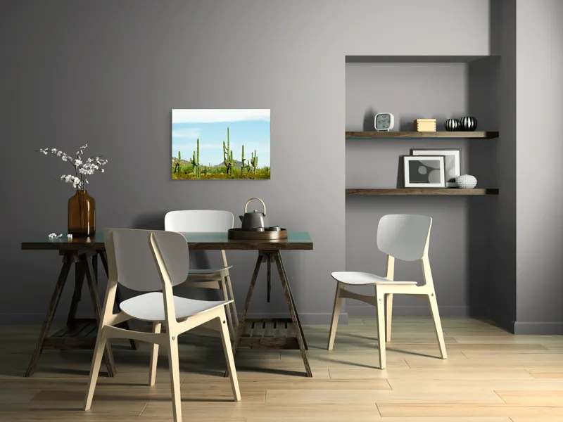 Tablou Canvas, "Cactușii în lumina soarelui deșertic", Cactuși, Deșert, Cer, Vegetație, Munți, 70 x 50 cm – poza 5