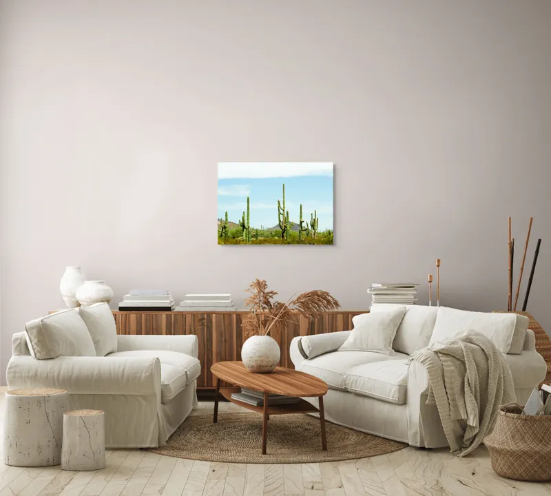Tablou Canvas, "Cactușii în lumina soarelui deșertic", Cactuși, Deșert, Cer, Vegetație, Munți, 70 x 50 cm – poza 6