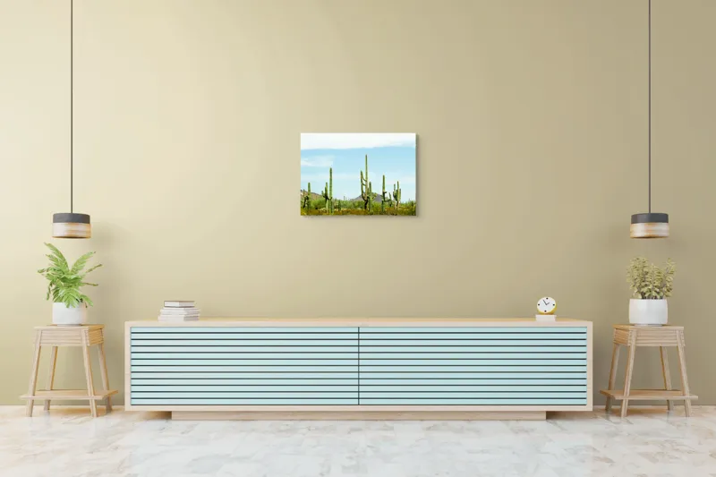 Tablou Canvas, "Cactușii în lumina soarelui deșertic", Cactuși, Deșert, Cer, Vegetație, Munți, 70 x 50 cm – poza 7