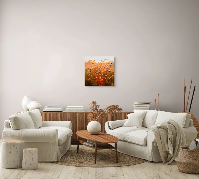 Tablou Canvas, "Flori de câmp în lumina apusului", Apus, Flori, Aurii, Blândețe, Natură, Lumină, Serenitate, 50 x 50 cm – poza 7