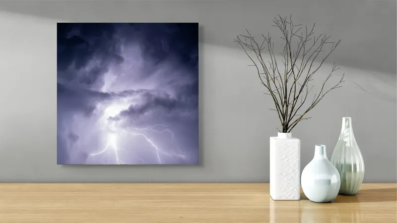 Tablou Canvas, "Furtună electrică în noapte învolburată", Fulgere, Nori, Lumina, Tensiune, Cer, Intunecat, Electrizare, 50 x 50 cm – poza 3