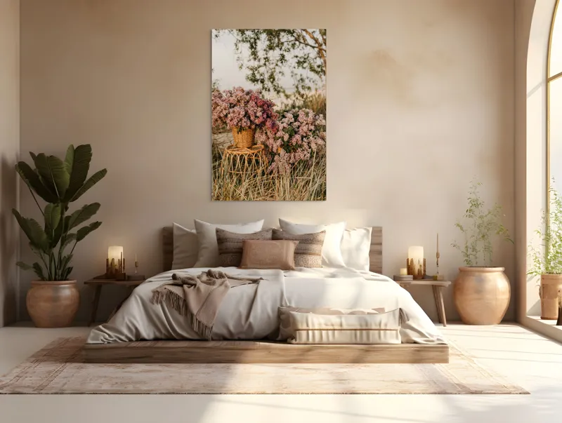 Tablou Canvas, "Flori de liliac într-un peisaj liniștit", Flori, Liliac, Coșuri, Natură, Apus, Iarbă, Copac, Rustic, Peisaj, Primăvară, 100 x 150 cm – poza 3