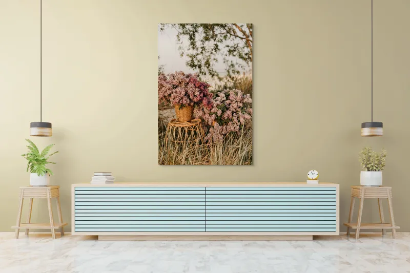 Tablou Canvas, "Flori de liliac într-un peisaj liniștit", Flori, Liliac, Coșuri, Natură, Apus, Iarbă, Copac, Rustic, Peisaj, Primăvară, 100 x 150 cm – poza 4