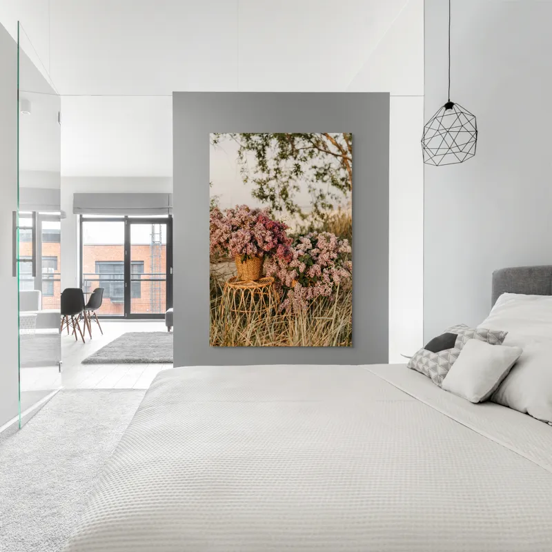 Tablou Canvas, "Flori de liliac într-un peisaj liniștit", Flori, Liliac, Coșuri, Natură, Apus, Iarbă, Copac, Rustic, Peisaj, Primăvară, 100 x 150 cm – poza 5