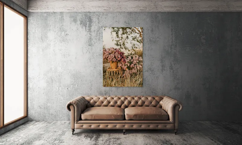 Tablou Canvas, "Flori de liliac într-un peisaj liniștit", Flori, Liliac, Coșuri, Natură, Apus, Iarbă, Copac, Rustic, Peisaj, Primăvară, 100 x 150 cm – poza 6