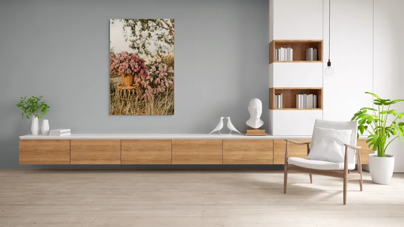 Tablou Canvas, "Flori de liliac într-un peisaj liniștit", Flori, Liliac, Coșuri, Natură, Apus, Iarbă, Copac, Rustic, Peisaj, Primăvară, 100 x 150 cm – poza 8