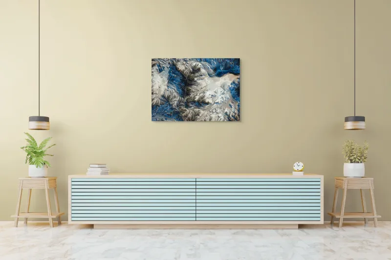 Tablou Canvas, "Râuri de gheață și cerneală albastră", Modele, Culori, Texturi, Valuri, Taine, Peisaj, Contrast, Mister., 100 x 70 cm – poza 4