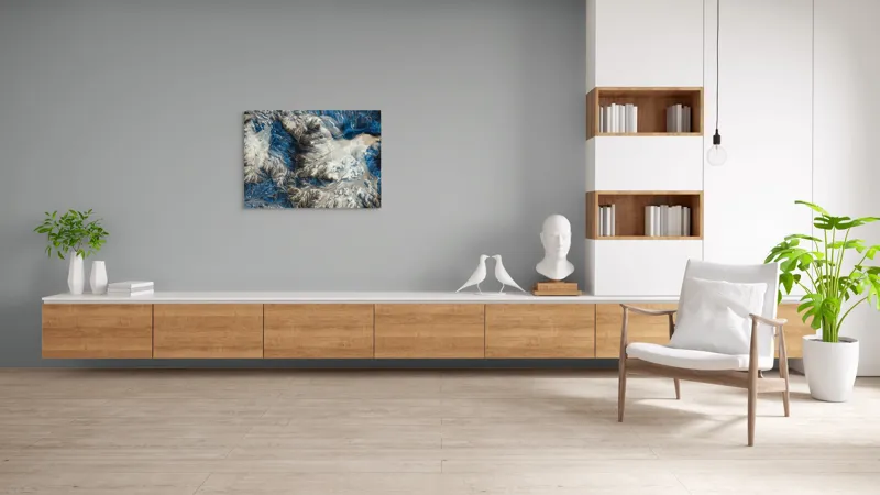 Tablou Canvas, "Râuri de gheață și cerneală albastră", Modele, Culori, Texturi, Valuri, Taine, Peisaj, Contrast, Mister., 100 x 70 cm – poza 6