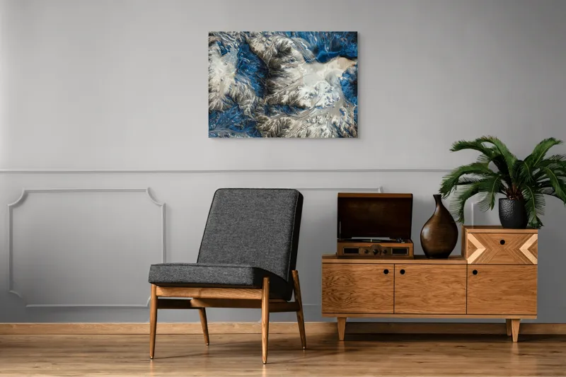 Tablou Canvas, "Râuri de gheață și cerneală albastră", Modele, Culori, Texturi, Valuri, Taine, Peisaj, Contrast, Mister., 100 x 70 cm – poza 8