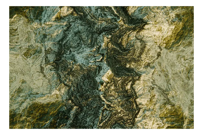 Tablou Canvas, "Texturi și Vibrații Naturale Abstracțiuni", Pietre, Texturi, Valuri, Contrast, Auriu, Verde, Abstract, Natură, Suprafețe, Mișcare, 100 x 100 cm
