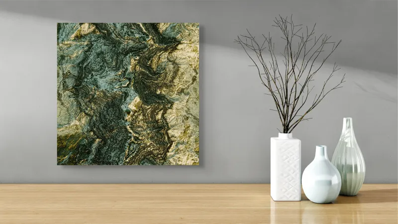 Tablou Canvas, "Texturi și Vibrații Naturale Abstracțiuni", Pietre, Texturi, Valuri, Contrast, Auriu, Verde, Abstract, Natură, Suprafețe, Mișcare, 50 x 50 cm – poza 3