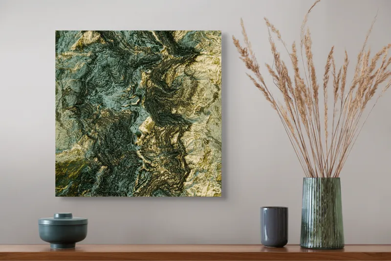 Tablou Canvas, "Texturi și Vibrații Naturale Abstracțiuni", Pietre, Texturi, Valuri, Contrast, Auriu, Verde, Abstract, Natură, Suprafețe, Mișcare, 50 x 50 cm – poza 4