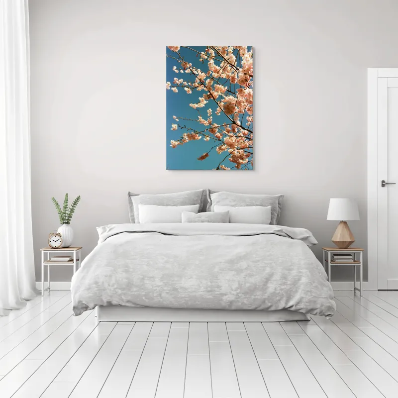 Tablou Canvas, "Flori de cireș sub cer senin", Flori, Cireș, Cer, Primăvară, Natură, Roz, Delicat, Ramuri, Senin, Frumusețe, 70 x 100 cm – poza 3