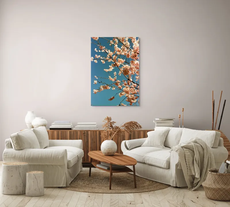 Tablou Canvas, "Flori de cireș sub cer senin", Flori, Cireș, Cer, Primăvară, Natură, Roz, Delicat, Ramuri, Senin, Frumusețe, 70 x 100 cm – poza 4
