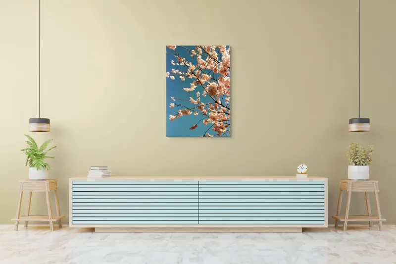 Tablou Canvas, "Flori de cireș sub cer senin", Flori, Cireș, Cer, Primăvară, Natură, Roz, Delicat, Ramuri, Senin, Frumusețe, 70 x 100 cm – poza 5
