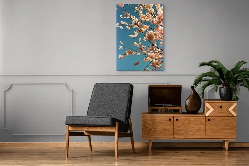 Tablou Canvas, "Flori de cireș sub cer senin", Flori, Cireș, Cer, Primăvară, Natură, Roz, Delicat, Ramuri, Senin, Frumusețe, 70 x 100 cm – poza 6