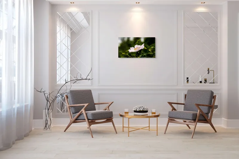 Tablou Canvas, "Trandafir sălbatic în roua dimineții", Floare, Petale, Roz, Frunze, Verde, Natura, Lumina, Detaliu, 90 x 50 cm – poza 7