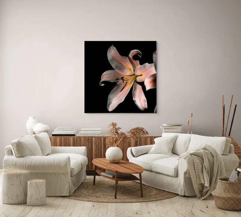 Tablou Canvas, "Lilia în întunericul tăcerii liniștitoare", Floare, Delicatețe, Contrast, Eleganță, Petale, Întuneric, Strălucire, Mister, Frumusețe, Grație, 100 x 100 cm – poza 3