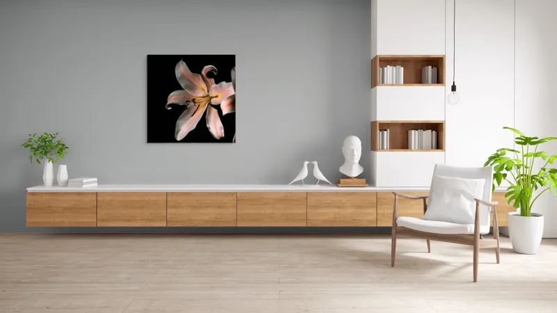 Tablou Canvas, "Lilia în întunericul tăcerii liniștitoare", Floare, Delicatețe, Contrast, Eleganță, Petale, Întuneric, Strălucire, Mister, Frumusețe, Grație, 100 x 100 cm – poza 8