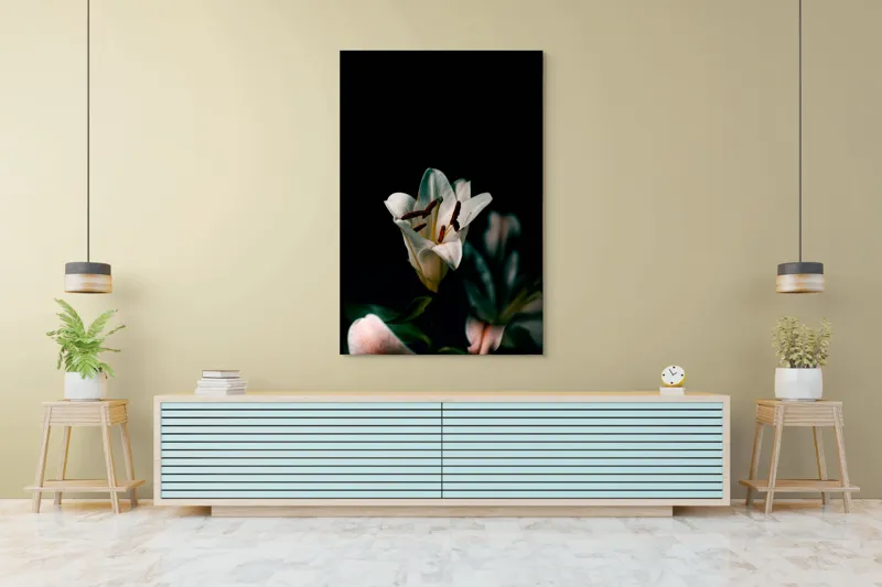 Tablou Canvas, "Frumusețea ascunsă a crinului alb", Floare, Delicatețe, Lumină, Contrast, Petale, Gratie, Eleganță, Natură, 100 x 150 cm – poza 4