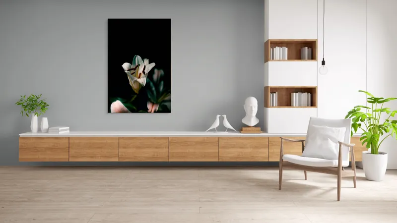 Tablou Canvas, "Frumusețea ascunsă a crinului alb", Floare, Delicatețe, Lumină, Contrast, Petale, Gratie, Eleganță, Natură, 100 x 150 cm – poza 8