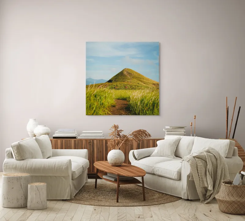 Tablou Canvas, "Drumul spre vârful însorit al dealului", Drum, Colină, Verdeață, Vârf, Cer, Natură, Peisaj, Tranquilitate, 100 x 100 cm – poza 3