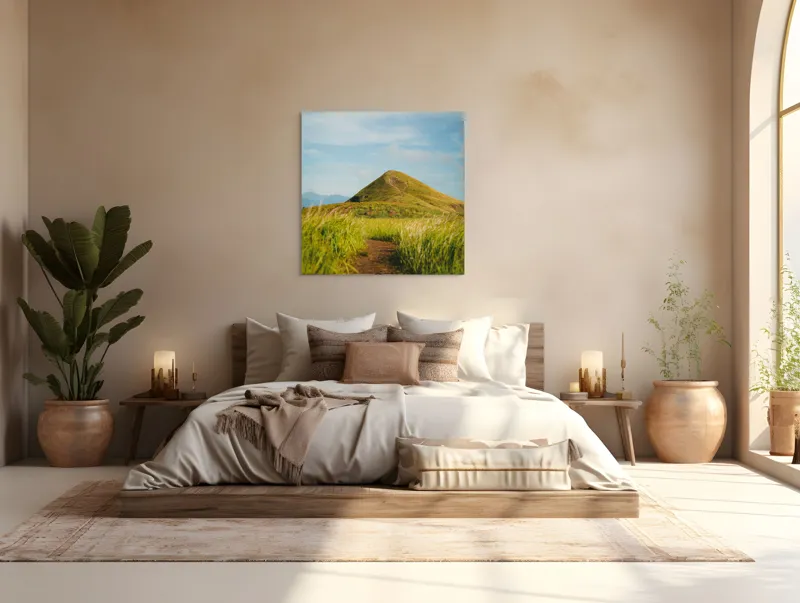 Tablou Canvas, "Drumul spre vârful însorit al dealului", Drum, Colină, Verdeață, Vârf, Cer, Natură, Peisaj, Tranquilitate, 100 x 100 cm – poza 4