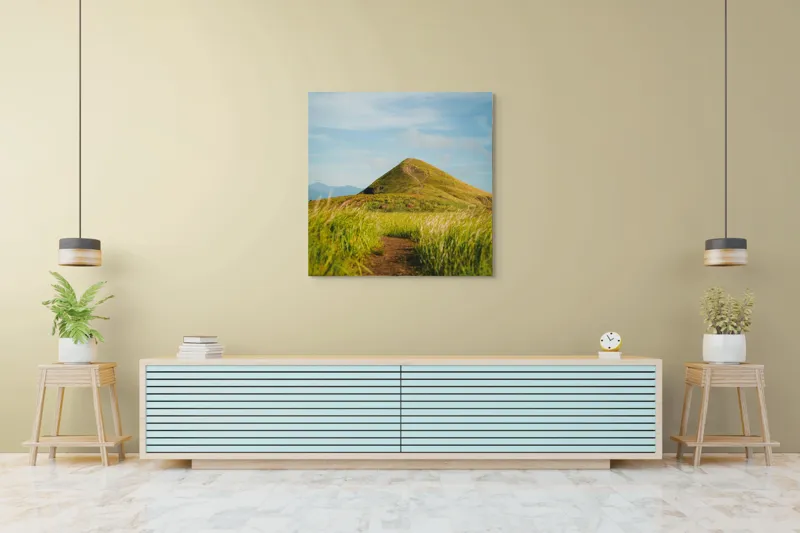 Tablou Canvas, "Drumul spre vârful însorit al dealului", Drum, Colină, Verdeață, Vârf, Cer, Natură, Peisaj, Tranquilitate, 100 x 100 cm – poza 5