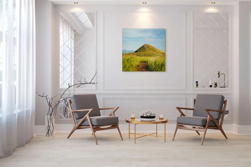 Tablou Canvas, "Drumul spre vârful însorit al dealului", Drum, Colină, Verdeață, Vârf, Cer, Natură, Peisaj, Tranquilitate, 100 x 100 cm – poza 7