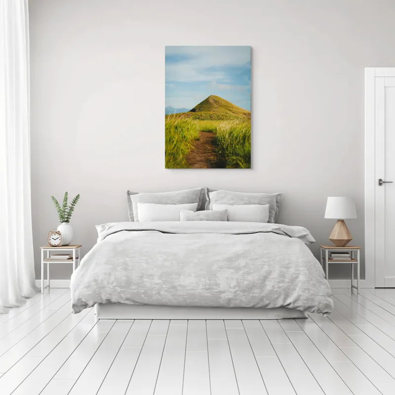 Tablou Canvas, "Drumul spre vârful însorit al dealului", Drum, Colină, Verdeață, Vârf, Cer, Natură, Peisaj, Tranquilitate, 70 x 100 cm – poza 3