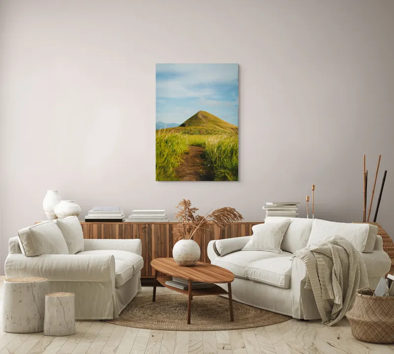 Tablou Canvas, "Drumul spre vârful însorit al dealului", Drum, Colină, Verdeață, Vârf, Cer, Natură, Peisaj, Tranquilitate, 70 x 100 cm – poza 4